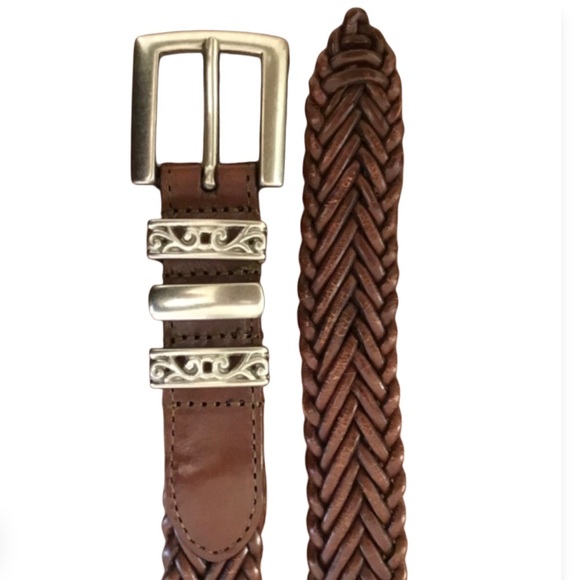 Braided Brown Leather Belt Silver Buckle 1” wide Small 34” - Picture 2 of 6